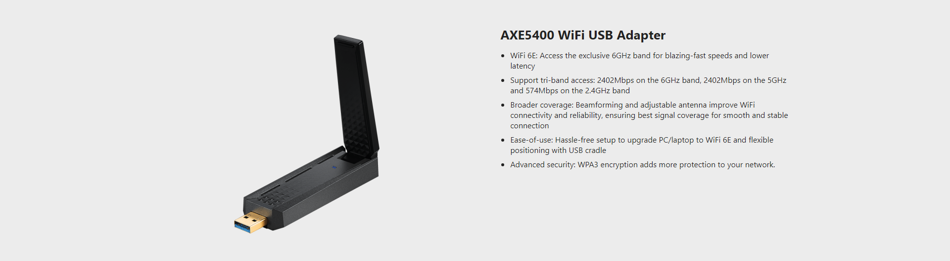 A large marketing image providing additional information about the product MSI GUAXE54 AXE5400 Tri-Band Wireless USB Adapter - Additional alt info not provided